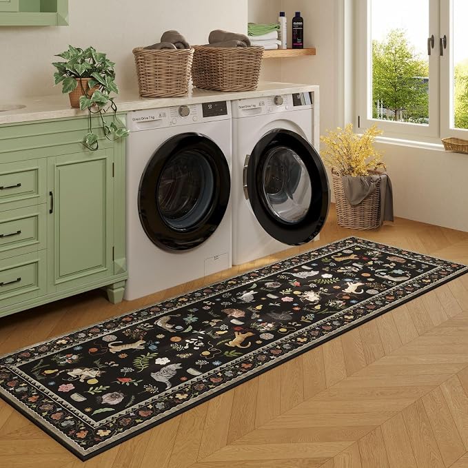 Rugcomf Runner Rug for Kitchen Non Slip 2'6''x8' Washable Rugs with Rubber Backing Soft Floral Animal Cat Carpet Runner for Kitchen Laundry Bedroom Bathroom, Black