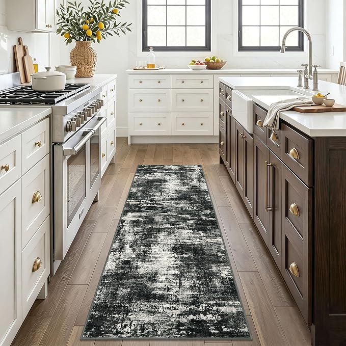 Lansny Abstract Washable 2x6 Hallway Runner Rug Non Slip Kitchen Runner | Charcoal Black;Thin Printed Faux Wool Rug Runners;Entryway Runner Indoor;Rubber Backed 6ft Carpet Runners for Hall Bedroom