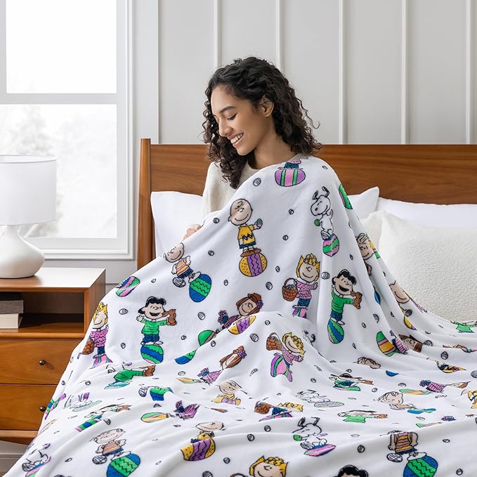 Berkshire Peanuts® VelvetLoft® Cute Character Snoopy Plush Blanket,Easter Gang 2025 White,King 90 in x 108 in (Official Peanuts® Product)