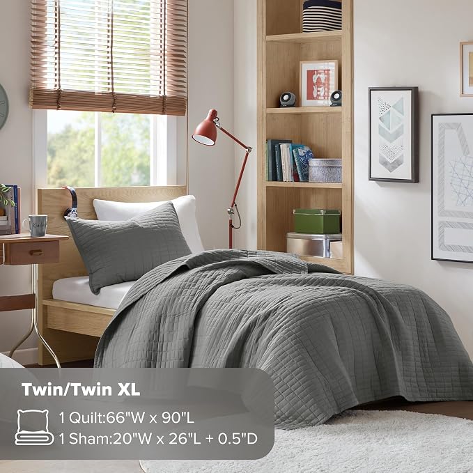Comfort Spaces Kienna Twin Quilt Bedding Set 2 Piece, 66"x 90" Charcoal | Soft Cozy Lightweight Summer Twin XL Coverlet for College Dorm, Quilted Extra Layer, Modern Casual Bedroom Decor, OEKO-TEX