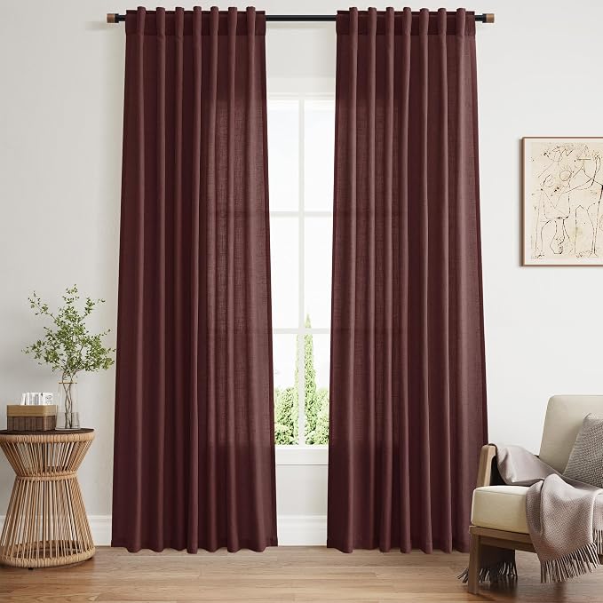 Reddish Brown Linen Curtains 84 Inch Length 2 Panels Set for Living Room Back Tab Light Filtering Semi Sheer Curtain for Bedroom Farmhouse Drapes, 52x84 Inch, 2 Panels