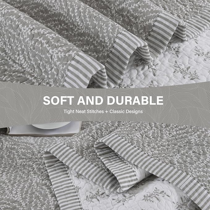SahSahCasa Quilt Set King Size, 100% Cotton Quilt Bedding Set Bedspread, Botanical Pattern Solid Color Chic Lightweight Quilted Comforter for King Bed, White/Gray, All Season, 3 Pieces