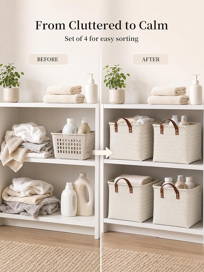 Wicker Storage Baskets, 4 Pack Woven Baskets for Shelves, White | PP Rattan, Water-resistant Wicker Basket, Large Baskets with Faux Leather Handles for Blanket, Laundry Organizer, Room Decor