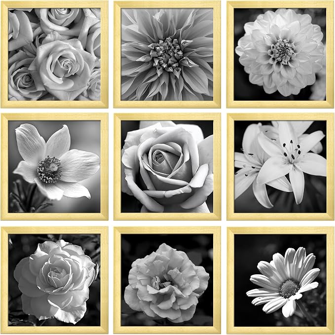 eletecpro Picture Frames Set of 9, 10x10 for 5x5, Acrylic Cover, Gold | Display Photo 5x5 with Mat or 10x10 without, Square Gallery Collage, Wall Mount, Minimalist Home Decor, Engineered Wood