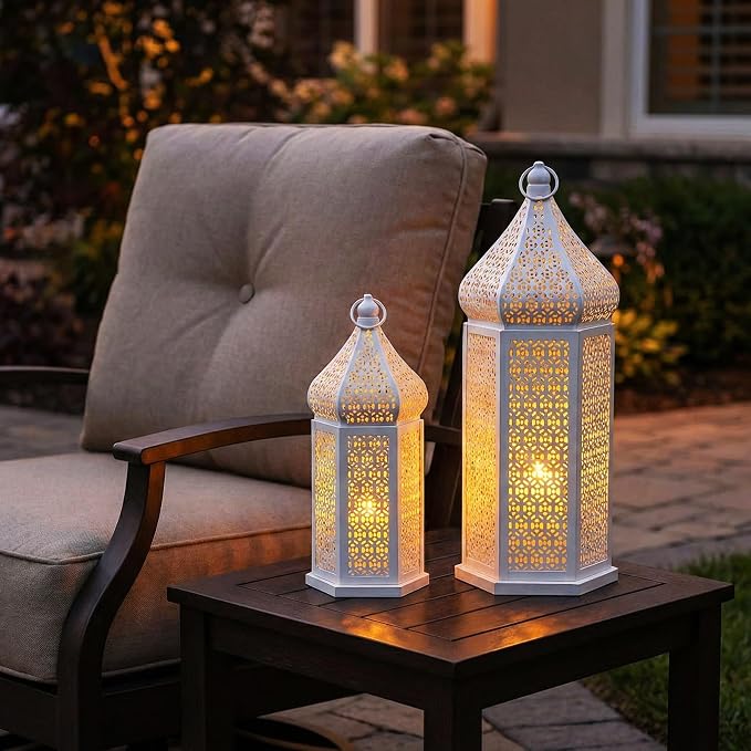 VELA LANTERNS Large Temple Tower Moroccan Lantern Lamp Decorative Candle Holders for Ramadan Decorations, Hanging, Outdoor Patio or Porch, Indoor Home Decor, Weddings, White, Set of 2