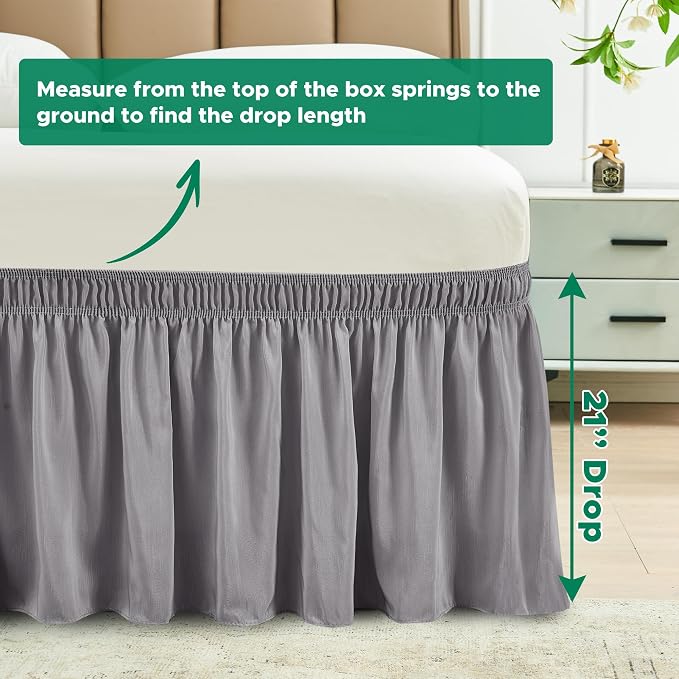 Wrap Around Bed Skirt King 21" Drop-Elastic Long Dust Ruffle Silver Grey | Adjustable Pleated Bedskirt-Easy Fit Wrinkle Resistant Washable Hotel Quality Fabric Bed Skirting-Master Guest Bedroom Rental