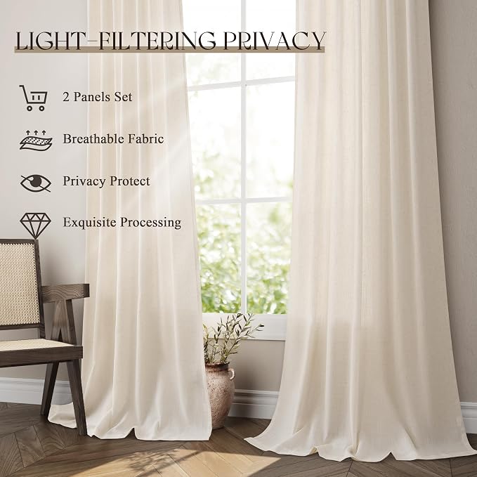 Jowels Beige Linen Curtains 84 Inch Long 2 Panels for Living Room | Tan Flax Light Filtering Sheer Curtain,Back Tab Pocket Pleated Look,Farmhouse Textured Privacy Drapes for Bedroom Window