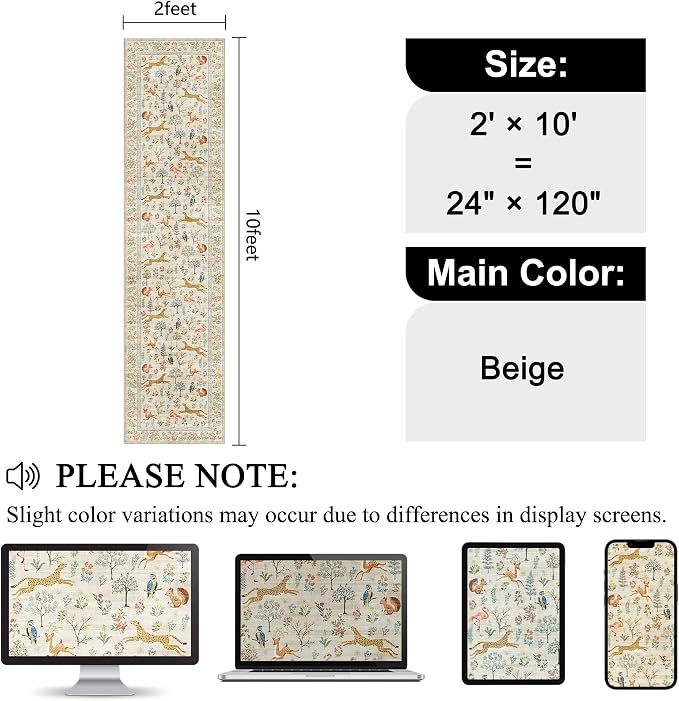 DUKINO 2x10 Kitchen Runner Rug, Soft Non Slip Animal Washable Rug, Beige | Low Pile, Non-Shedding Indoor Carpet Runner for Hallway, Entryway, Bedroom, Bathroom, Laundry, Pet Friendly, Stain Resistant