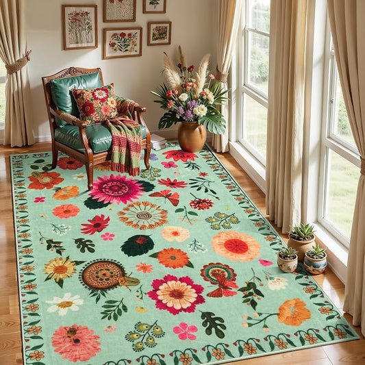 Ciicool 4x6 Washable Area Rug Floral Living Room Rugs for Bedroom Bedside | Soft Low Pile Carpet for Hallway Entryway Playroom Laundry Office Home Boho Non-Slip Black Carpets
