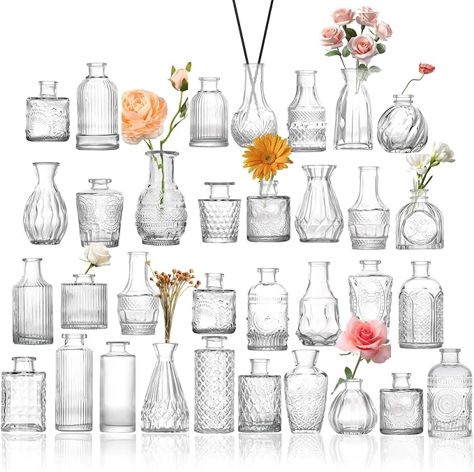 Glass Bud Vase Set of 33, Clear Small Vases Bulk for Wedding & Home Decor | Assorted Shapes & Sizes, Premium Clear Glass, Sturdy Packaging, Versatile for Weddings/Events/Home, Great Gift Choice