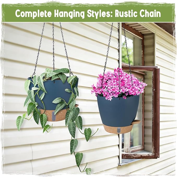Self-Watering Hanging Planters with Water Level Window, 8/10 Inch Indoor Outdoor Hanging Plant Pots Includes Chain Hangers with Drainage Holes & Detachable Reservoir (Blue, 8+10 inch)