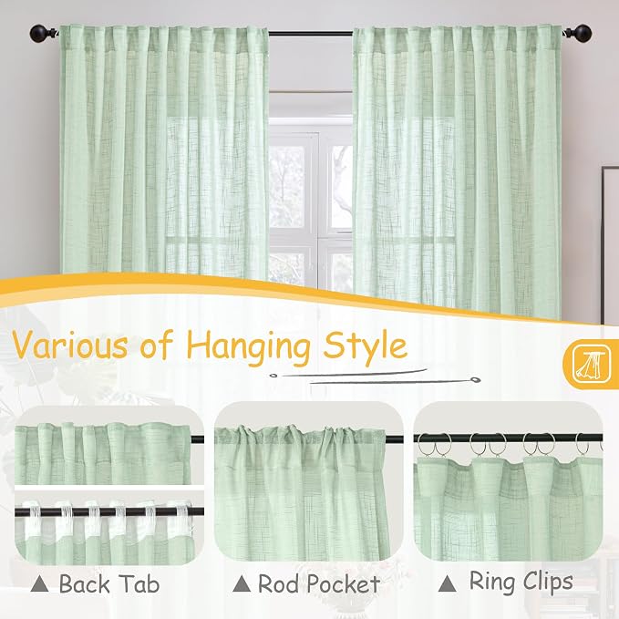 Light Green Linen Semi Sheer Curtains 40 Inch Length for Kitchen Window | Short Drapes with Rod Pocket Back Tab Textured Light Filtering for Cafe Bathroom Window Over Sink, 2 Panels, 42 X 40 Inch