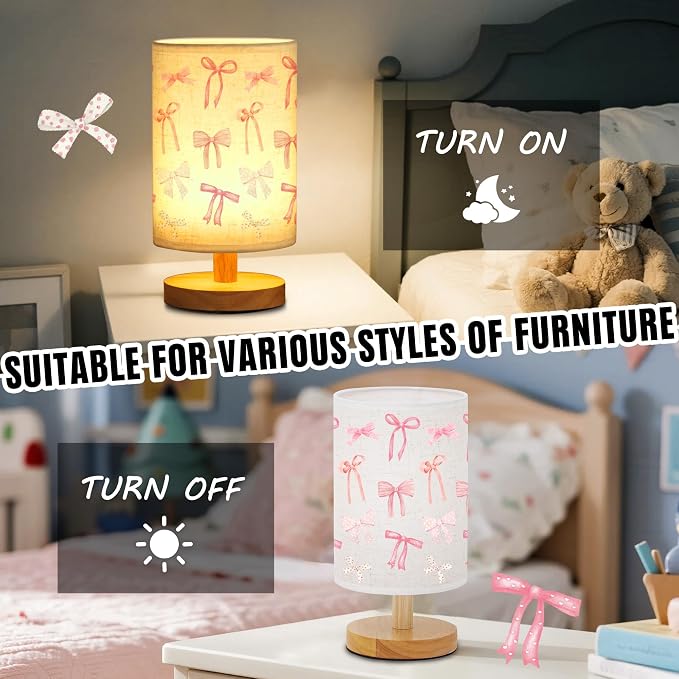 WSYEAR Daughter Gifts Bow Kids Table Lamp for Bedroom Kids Bedside Lamp with Linen Wooden Nightstand Cartoon Nursery Lampshade for Girls Living Room