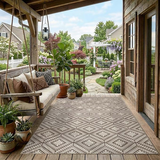 jinchan 5x7 Faux Jute Area Rug Washable Vintage Tile-Inspired, Stone Taupe | Vintage Geometric, Non-Slip, Low Pile, Indoor Outdoor, Natural Fiber Look, Living Room, Dining Room, Backyard, Bedroom, Patio