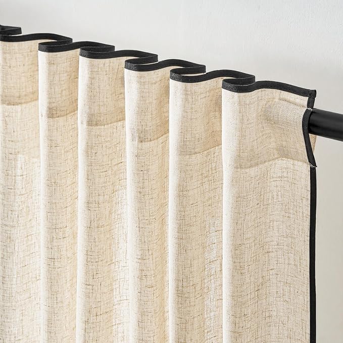 jinchan Beige Linen Curtains with Black Trim Back Tab 50 x 90 Inch 2 Panels | Semi sheer light filtering, modern farmhouse curtains for living room and bedroom, back tab rod pocket, machine washable