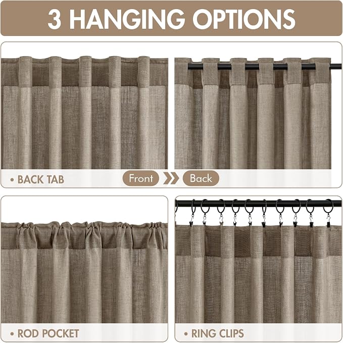 MIULEE Dark Taupe Back Tab Linen Curtains 4 Panels 42W x 96L | Linen material, light filtering, rod pocket back tab hanging, farmhouse decor for living room bedroom
