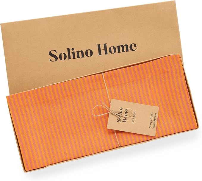 Solino Home 100% Linen Table Runner, 14 x 72 in, Pink and Orange Striped | Narrow Stripe, a graceful centrepiece for dining and gatherings, woven stripe, European flax fibres, soft, OEKO-TEX Certified