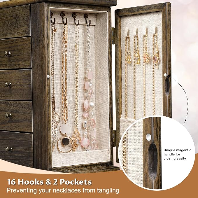 Emfogo Jewelry Box for Women, 5 Layer Large Wood Jewelry Boxes & Organizers for Necklaces Earrings Rings Bracelets, Rustic Jewelry Organizer Box with Rattan, Drawers and Mirror(Vintage)