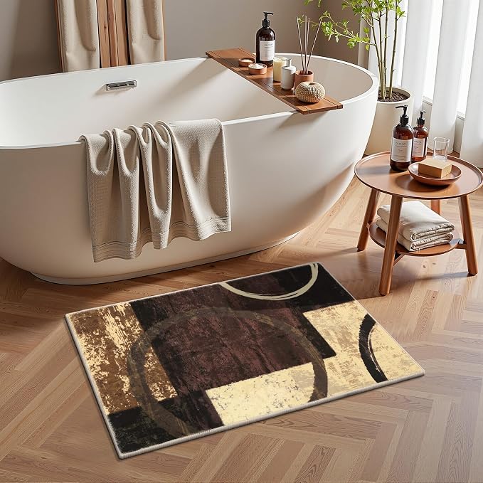 Yamaziot 2x3 Washable Modern Abstract Area Rug Non-Slip Entryway Rug | Stain Resistant Kitchen Rug with Rubber Backing, Low Pile, Ultra Soft Carpet Rug for Bedroom, Laundry, Entryway, Brown