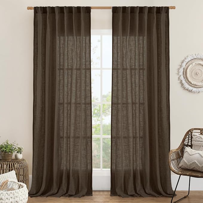 Dark Brown Sheer Linen Curtains 2 Panels Set Light Filtering Panels | 108 inch Light Filtering, Semi Sheer Panels, Farmhouse Drapes for Bedroom, Living Room, Rod Pocket Back Tab, 52 x 108 Inch
