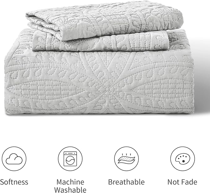 Love's cabin Quilts for Queen Bed Light Grey Bedspreads Bedding Set - Summer Lightweight Bedspread Comforter - Coin Pattern Bedding Coverlet for All Season - 3 Pieces (1 Quilt, 2 Pillow Shams)