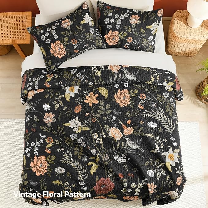 Litanika Floral Black Quilt California King - 3Pcs Summer Boho Bed Set | Bedspread Botanical Birds Lightweight Soft Coverlet with Red Flower for All Seasons (112"x104")