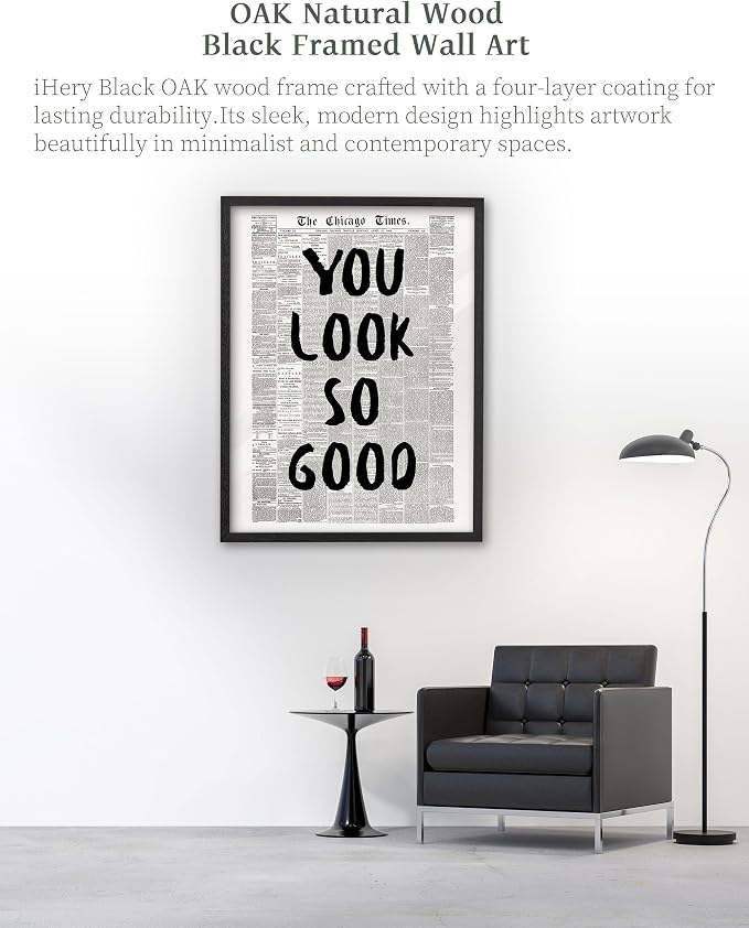 iHery 12x16in You Look So Good Framed Newspaper Wall Art | Premium Black OAK Wood Frame with Canvas Print, Vintage Newspaper Decor for Bedroom, Dorm, Vanity Room Living Room, 1Pack