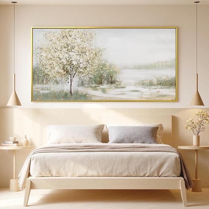 Canvas Wall Art Decor Large Green Wall Art for Living Room Natural Landscape Wall Art Decor Canvas Art Wall Decor Gold Framed Wall Art Prints for Room Bedroom Office Decor 29"X58"