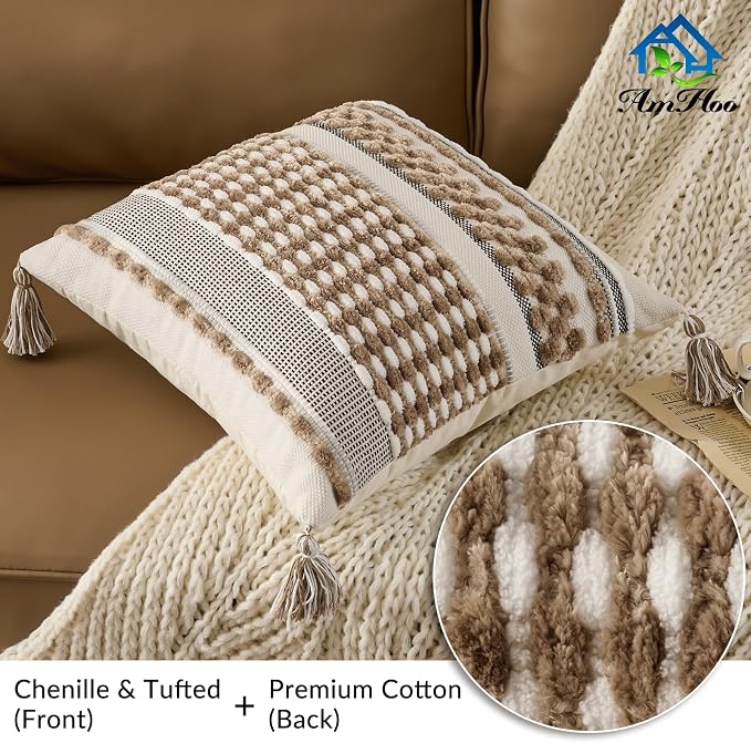 AmHoo Chenille Striped Textured Boho Throw Pillow Covers Aesthetic with Tassels Woven Decorative Pillow Case for Couch Bed Sofa Bedroom Modern Funky 18 x 18-Inch Taos Taupe