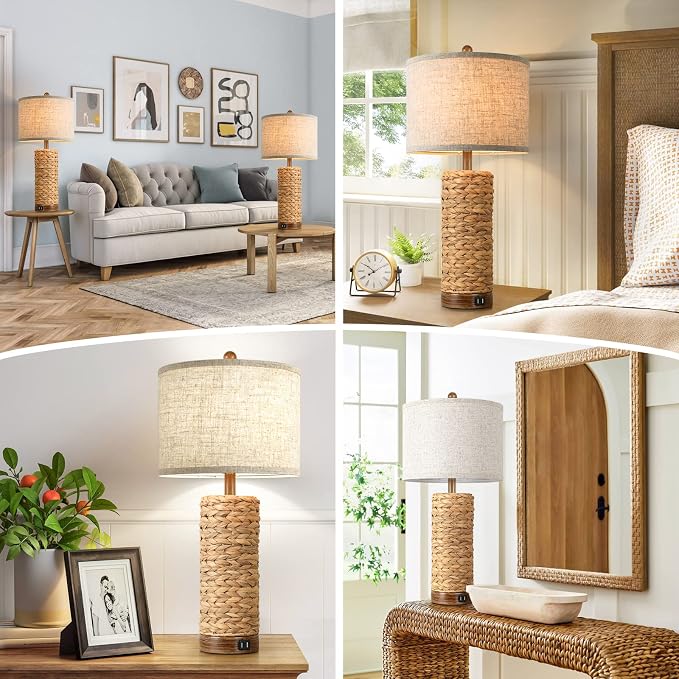 27Inch Tall Rattan Table Lamps Set of 2 for Living Room with 2 USB Ports