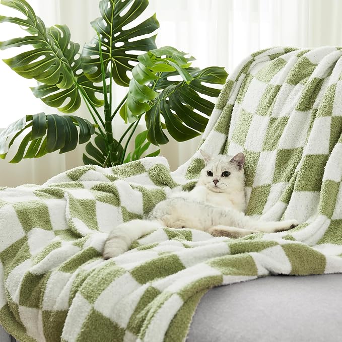 Checkered Throw Blanket for Couch, Soft Cozy Warm Knitted Blankets | Lightweight Fuzzy Travel Warm Decor for Women, Mom, Girls, Sofa, Chair, 50x70in, Sage Green