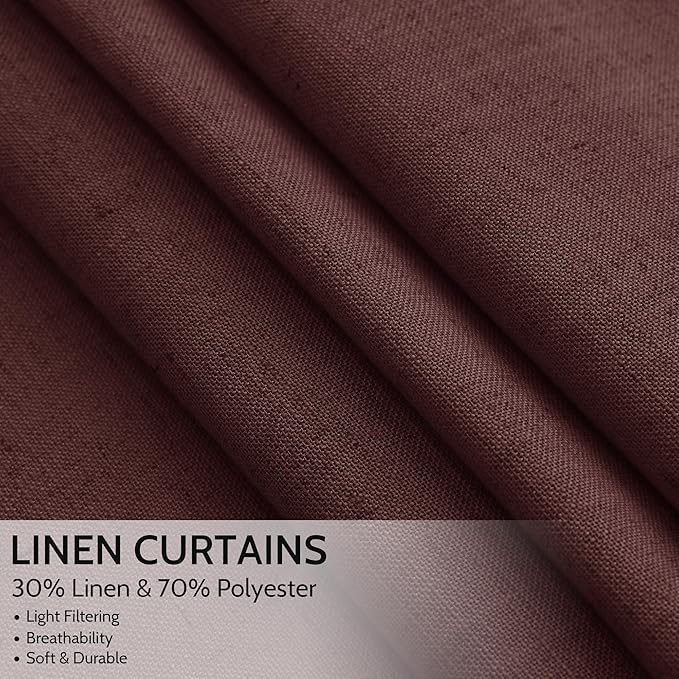 Reddish Brown Linen Curtains 84 Inch Length 2 Panels Set for Living Room Back Tab Light Filtering Semi Sheer Curtain for Bedroom Farmhouse Drapes, 52x84 Inch, 2 Panels