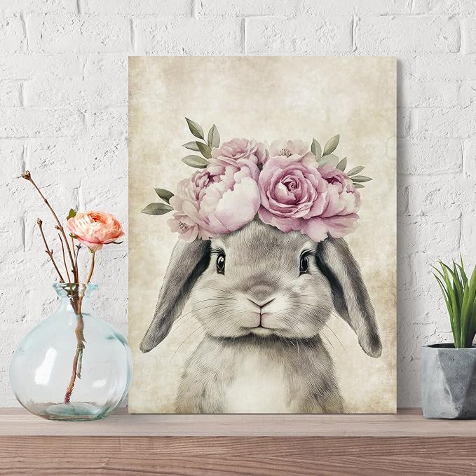 Easter Bunny with Floral Crown Canvas Wall Art Cute Rabbit Poster Prints for Baby Room Lovely Furry Animal Portrait Pictures Artwork Retro Framed Painting for Nursery Corridor Bedroom Decor 12"x16"