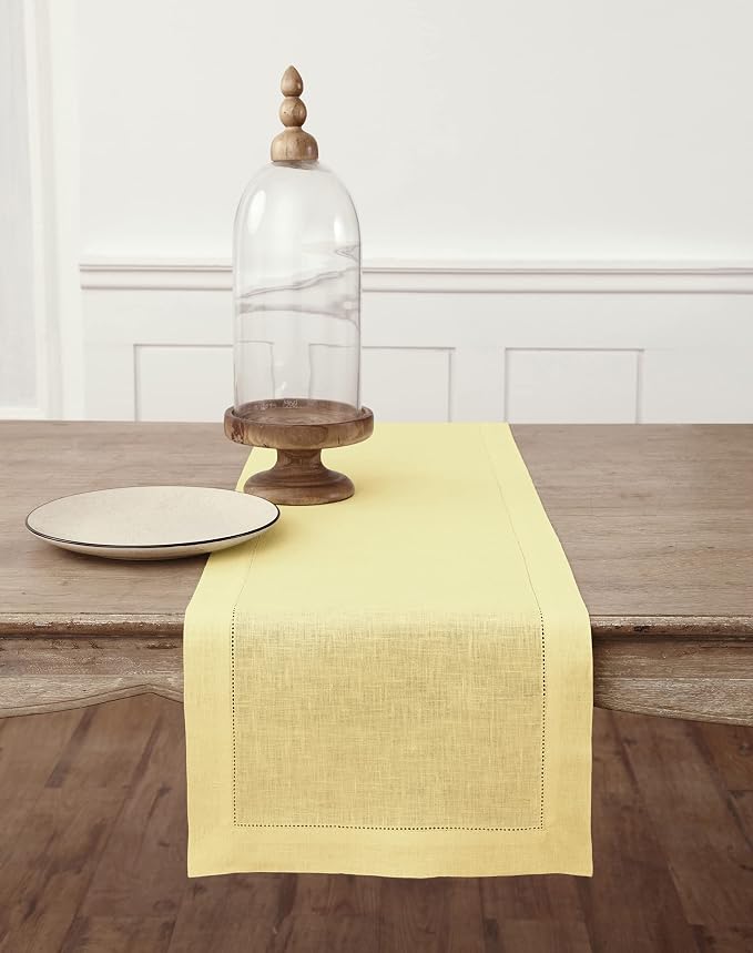 Solino Home 100% Pure Linen Dining Table Runner Yellow Woven, 14 x 144 in | Classic Hemstitch, a graceful centrepiece for dining and gatherings, hemstitched border, mitered corners, OEKO-TEX Certified