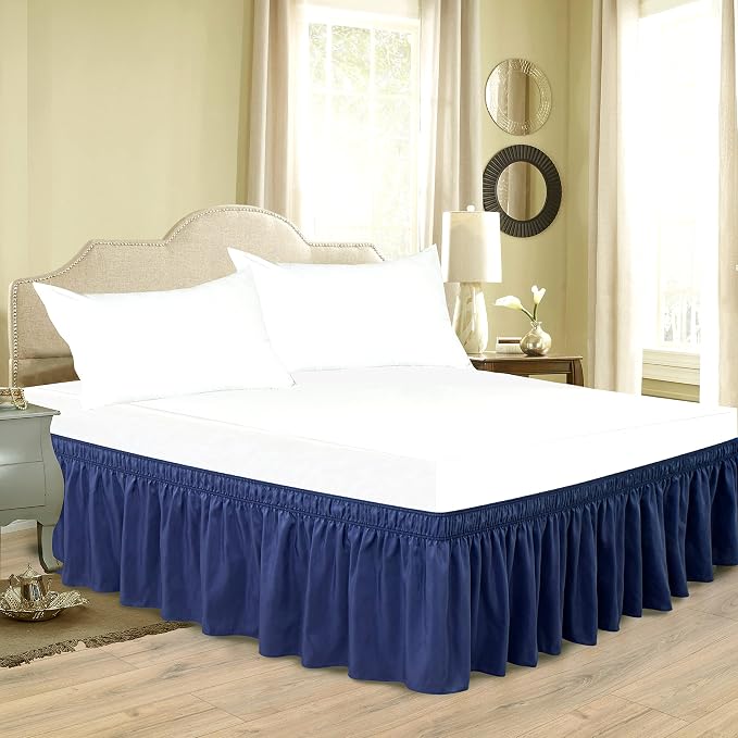 Wrap Around Bed Skirt Full Size 22 Inch Drop-Elastic Long Dust Ruffle Navy | Adjustable Pleated Bedskirt-Easy Fit Wrinkle Resistant Washable Bed Skirting-Hotel Studio Apartment Home Guest Bedroom Rental