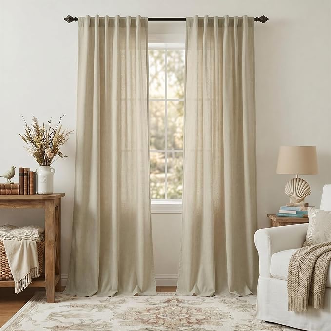 Pitalk Back Tab Linen Curtains 108 Inches Long for Living Room 2 Panels Set Greyish Beige Flax Linen Pleated Drapes Rod Pocket Farmhouse Ceiling Floor 108 Inch Window Curtains Bedroom Burlywood Birch