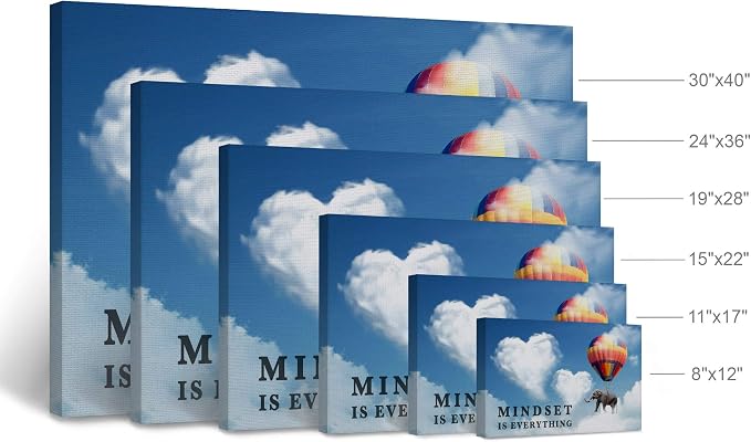 Smile Art Design Mindset is Everything Quote Elephant with Balloon Blue Sky Motivational Wall Art Canvas Print Inspirational Wall Art Entrepreneur Quote Office Decor Artwork Gift Ready to Hang 15x22