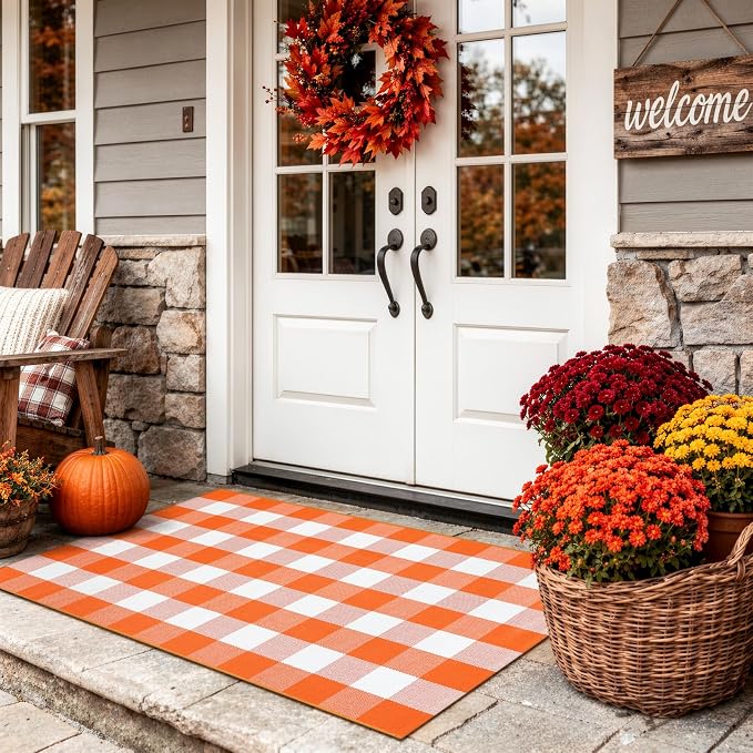 LEEVAN Halloween Outdoor Rug 3x5, Orange Buffalo Check Fall Front Porch Rug | Washable Thanksgiving Checkered Plaid Door Mat, Layered Autumn Doormat for Farmhouse Entryway Kitchen Patio