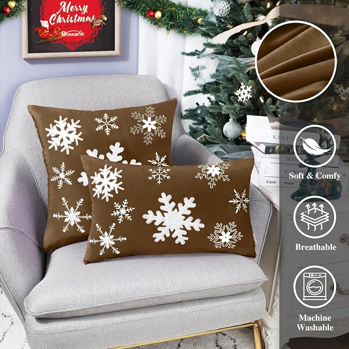 BRAWARM Christmas Pillow Cover 20 X 20 Inches, Brown Snowflake Embroidered Pillow Cover, Soft Velvet Decorative Throw Pillow for Couch Bed Sofa Living Room Home