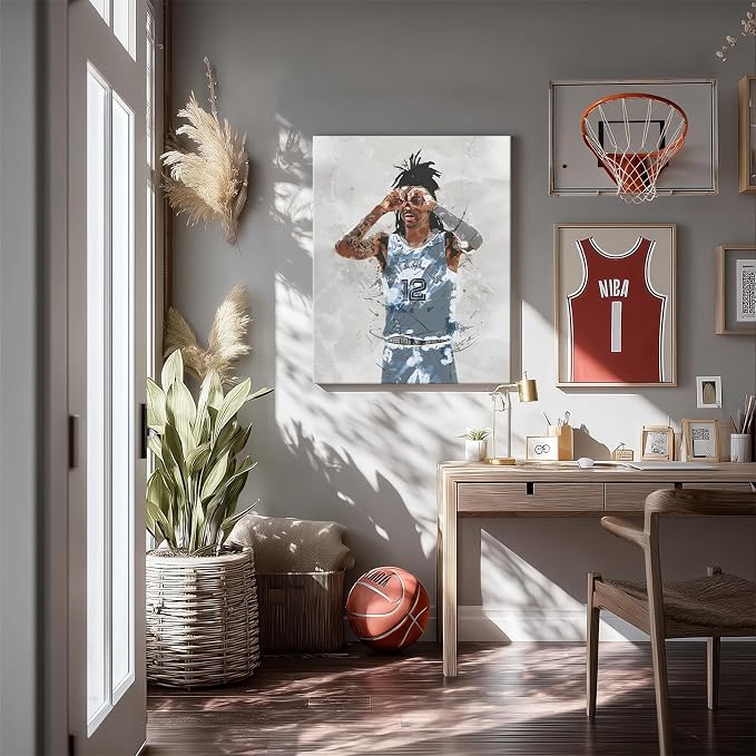 Ja Morant Basketball Canvas Wall Art, Sports Player Poster, 12x16 Inch | Abstract splash ink athletic artwork, motivational sports wall decor for teen boys room, bedroom, living room, gym or office