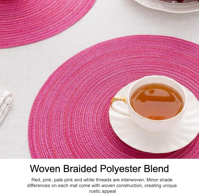 SHACOS Round Placemats Set of 8 Braided Cotton Polyester Table Placemat 15 inch Circle Place Mats for Kitchen Dining Table Holiday Party (Hot Pink, 8)