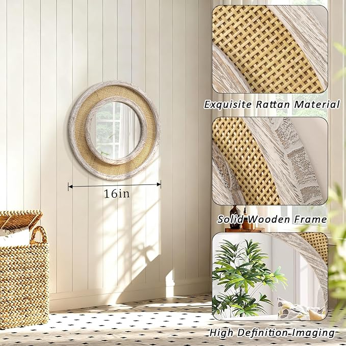 JJUUYOU Round Mirror Wood Framed Circle Rattan Hanging Mirrors for Wall Rustic Decorative for Living Room Bathroom Bedroom Entryway White 16 Inch