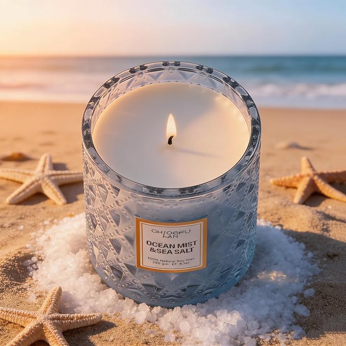 Chloefu LAN Summer California Mist Ocean & Sea Salt Candle, 8.1 oz | Luxury Air Freshening Blue Jar Candles 55 Hour Burning, Home Decor, Natural Soy Wax, Beach Candle