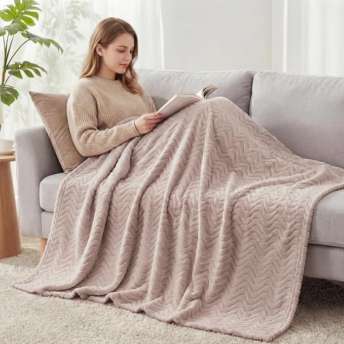 Exclusivo Mezcla Soft Fleece Blanket Queen Size for Bed, Sofa, Camel | 90"x90" Breathable Lightweight Flannel Blanket for Summer, Plush Cozy Jacquard Wave for Home Decor