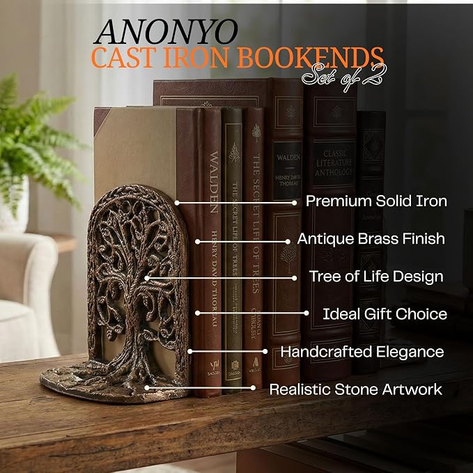 Tree of Life Bookends Set Heavy Duty Metal Book Ends for Shelves | Antique Brass Iron Decorative Bookend Pair for Home, Office, Library or Study | Elegant Vintage Style Book Holder Décor