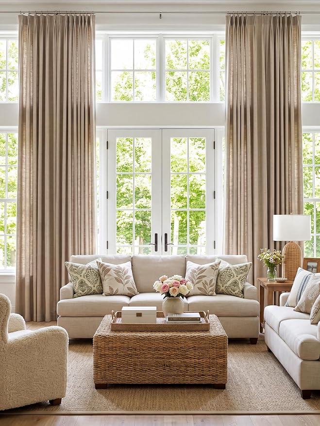 Liz Pinch Pleated Linen Curtains Light Filtering Curtains for Living Room, Farmhouse Window Curtains for Bedroom, Modern Drapes with Hooks and Rings, 108 Inches Long, Taupe Grey, 2 Panels Set