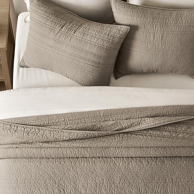 EVERGRACEHOME 100% Cotton Modern Lines Quilt Set King Size, Stone Taupe | Pre-Washed Soft Cotton, Striped Coverlet Bedspread, 3 Piece Lightweight Bedding Set for All Season, with 2 Pillow Shams