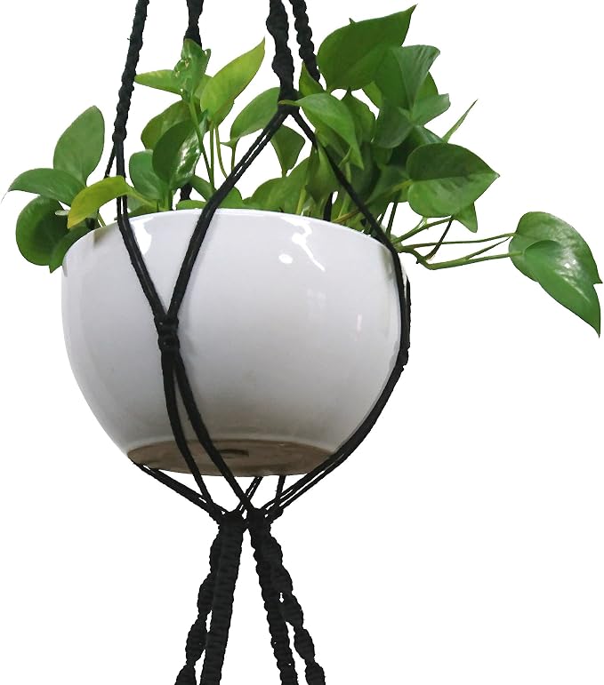 Macrame Plant Hanger & Holder, Hanging Planter 4 Legs Double Deck for 8 inch to 10 inch Two Pots Indoor Outdoor Hanging Planter Cotton Rope 67 Inch with Metal Ring (Cotton-Black)