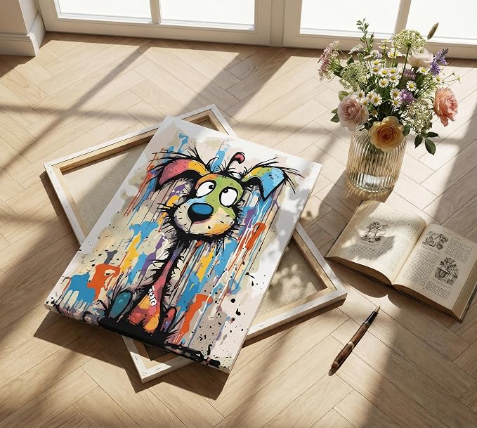 Colorful Graffiti Cartoon Dog Wall Art Fun Animals Wall Decor Picture | Vibrant Playful and Fun Cartoon Style Puppy Canvas Printing for Living Room Bedroom Artwork Home Decoration