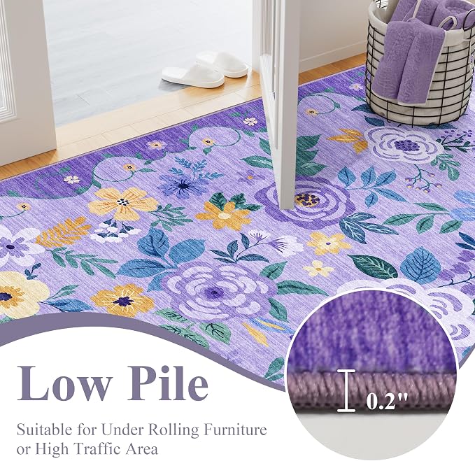 DUKINO 3x5 Area Rug, Floral Washable Rug for Bedroom Non Slip, Purple | Soft, Stain Resistant Low Pile Indoor Rug for Entryway, Bedroom, Bathroom, Living Room, Pet Friendly, Home Decor, Lightweight